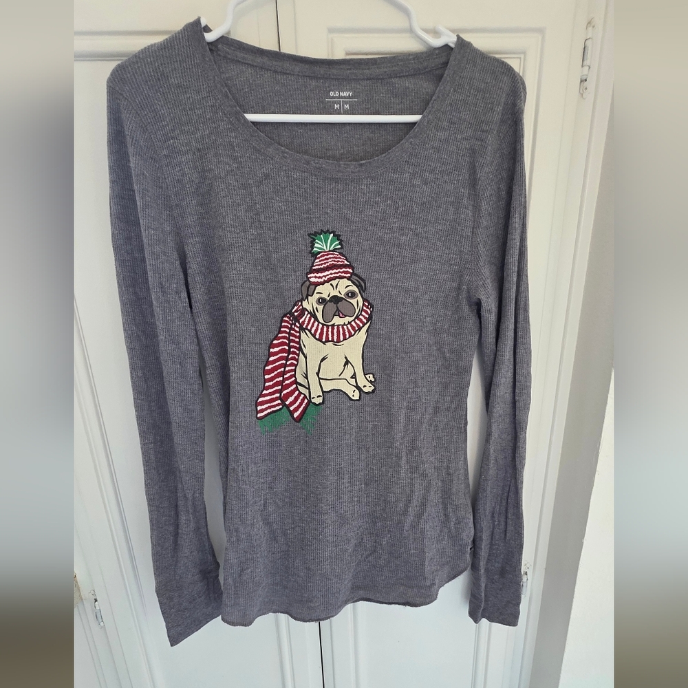 Old Navy Women's Waffle Knit Gray Long Sleeve Pug Dog Top ~ Size M - Picture 2 of 7